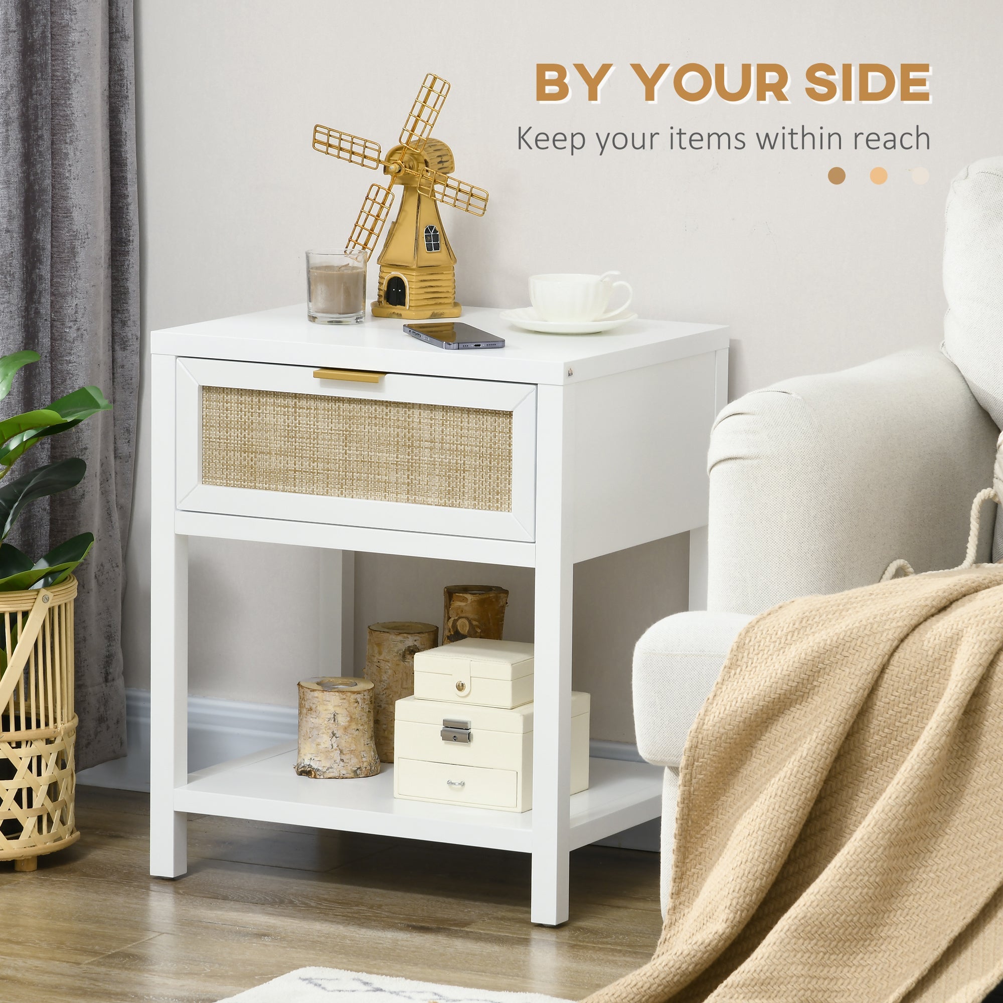 HOMCOM Rustic Retreat: Nightstand with Rattan Drawer and Open Shelf, Farmhouse Bedside Table for Bedroom and Living Room 
