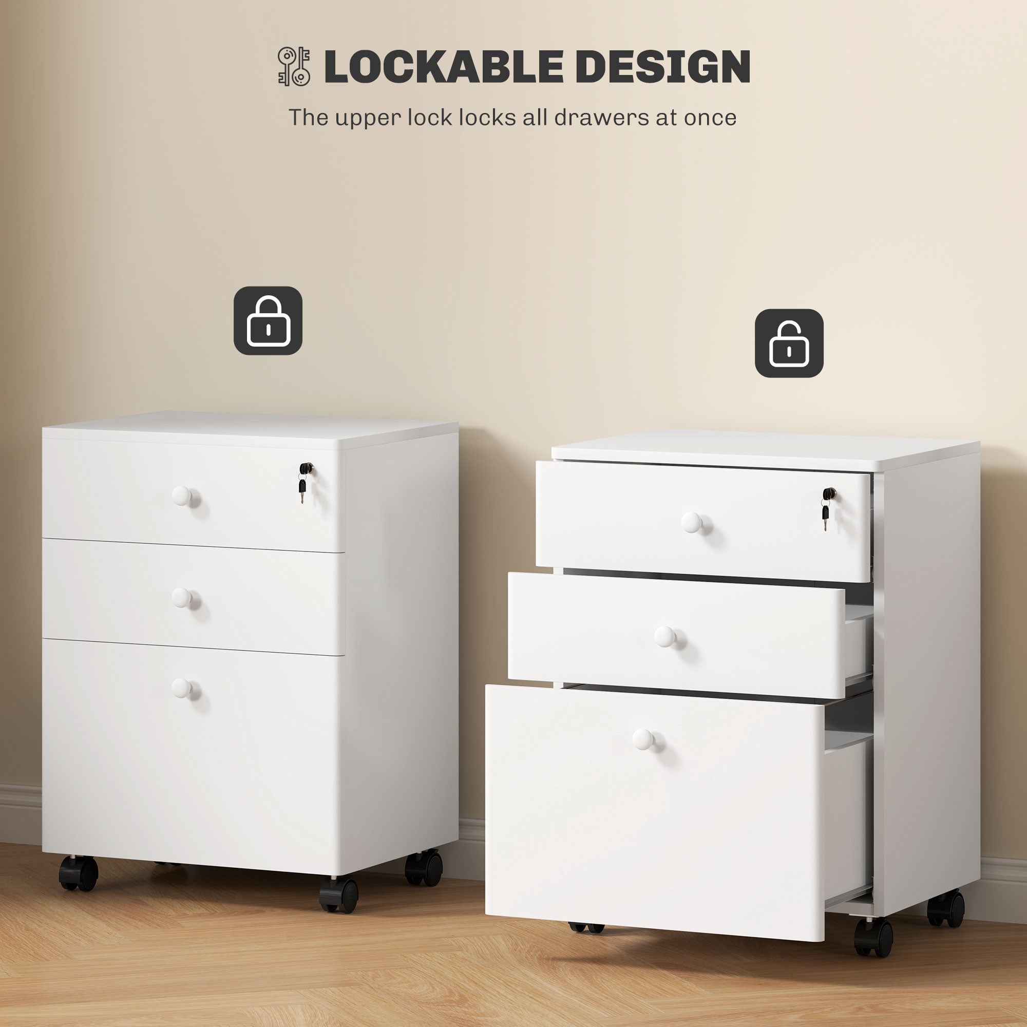 HOMCOM 3-Drawer Small Filing Cabinet with Lock, Vertical Office Storage Cabinet with Wheels for Home Office, White 