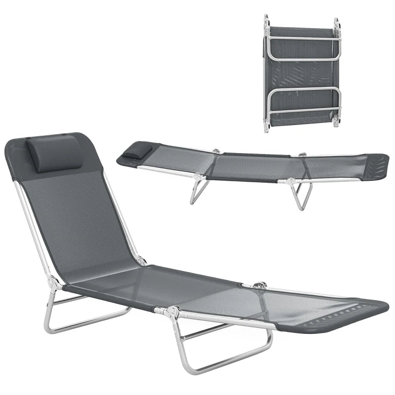 Folding Lounge Chair, Portable Tanning Chair with Adjustable Backrest, Pillow for Beach Poolside Patio, Dark Grey