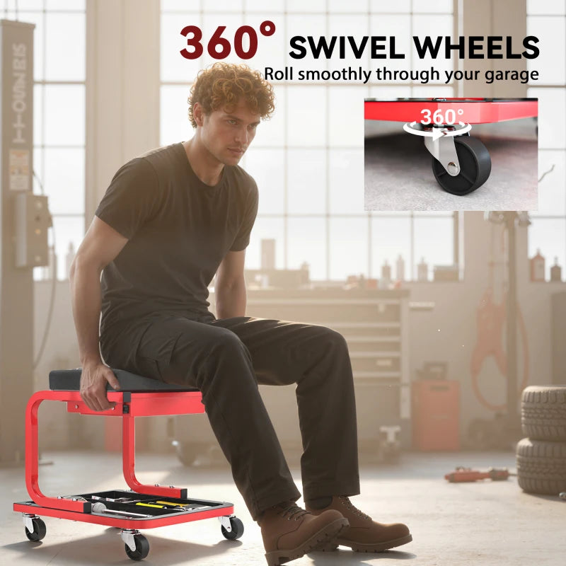 Rolling Garage Stool, 300 LBS Capacity Mechanic Stool with, Tool Trays Storage, Drawer, Black