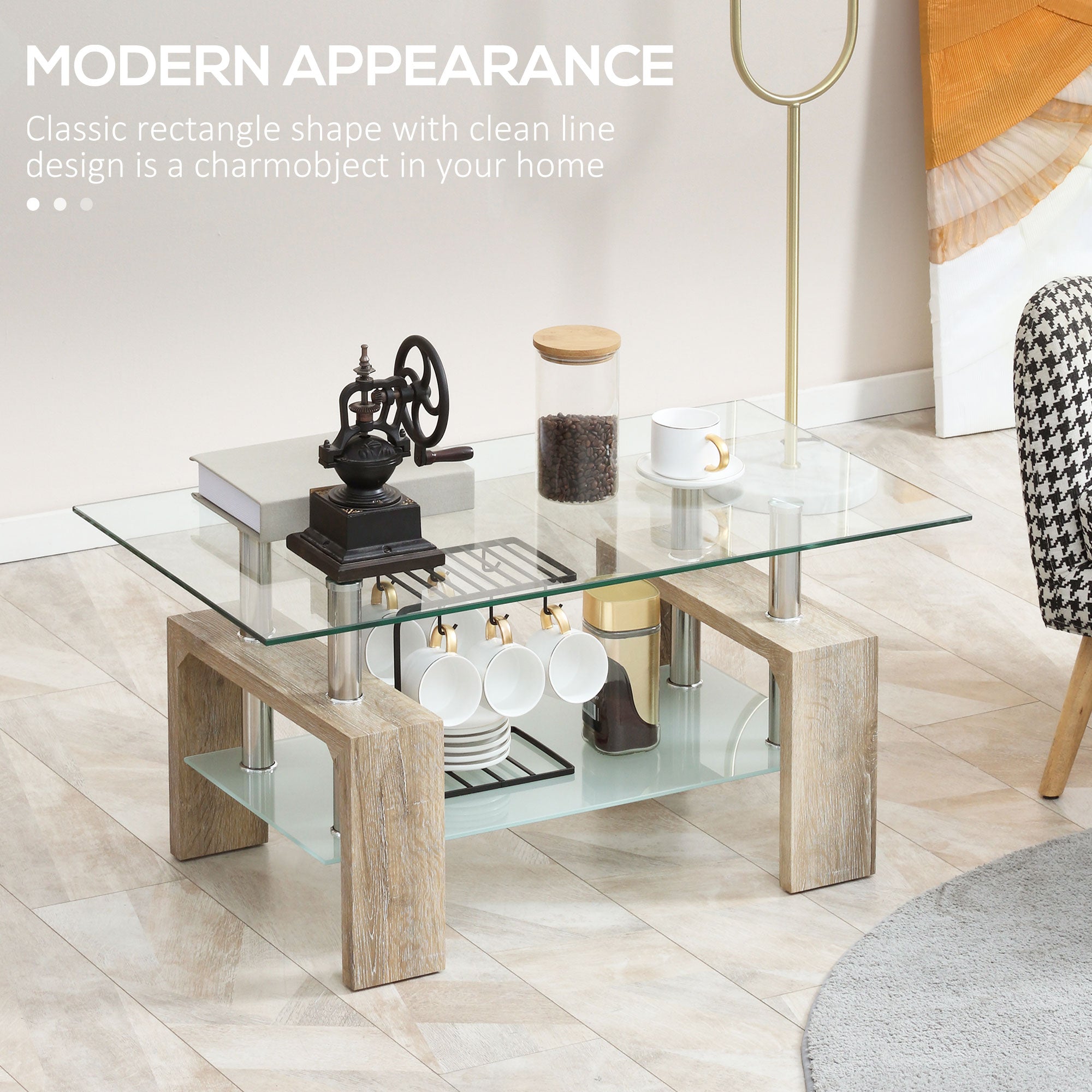 HOMCOM Natural Rectangle Glass Coffee Table: 2-Tier Table with Storage Shelf, Tempered Glass Top for Living Room 