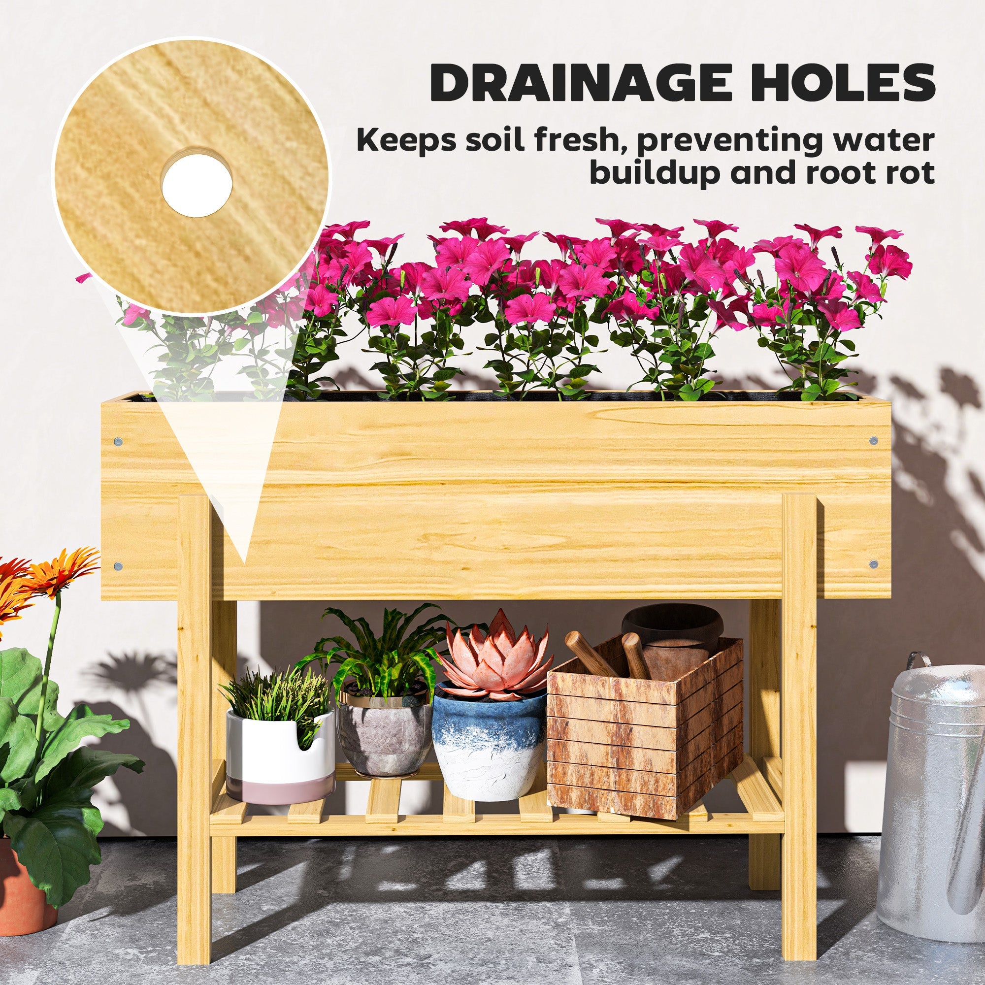 Outsunny Raised Planter Box, Elevated Wooden Garden Bed with Legs & Storage Shelf for Patio & Backyard, Natural Wood 