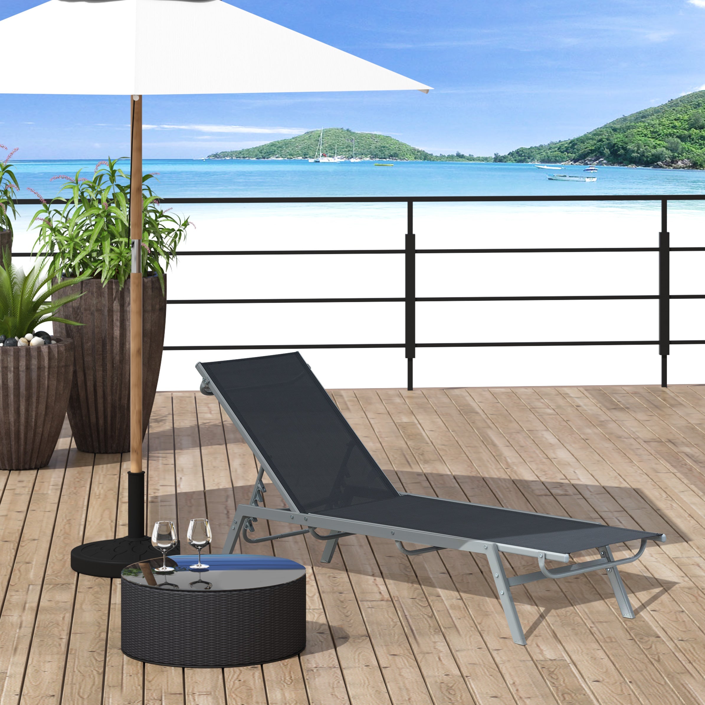 Outsunny Sun Lounger, Outdoor Chaise Lounge with 5-Position Backrest for garden, Black 