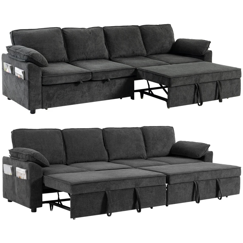 4-Seat Sectional Sofa Bed with Double Pull-Out Sleeper – Dark Grey Chenille