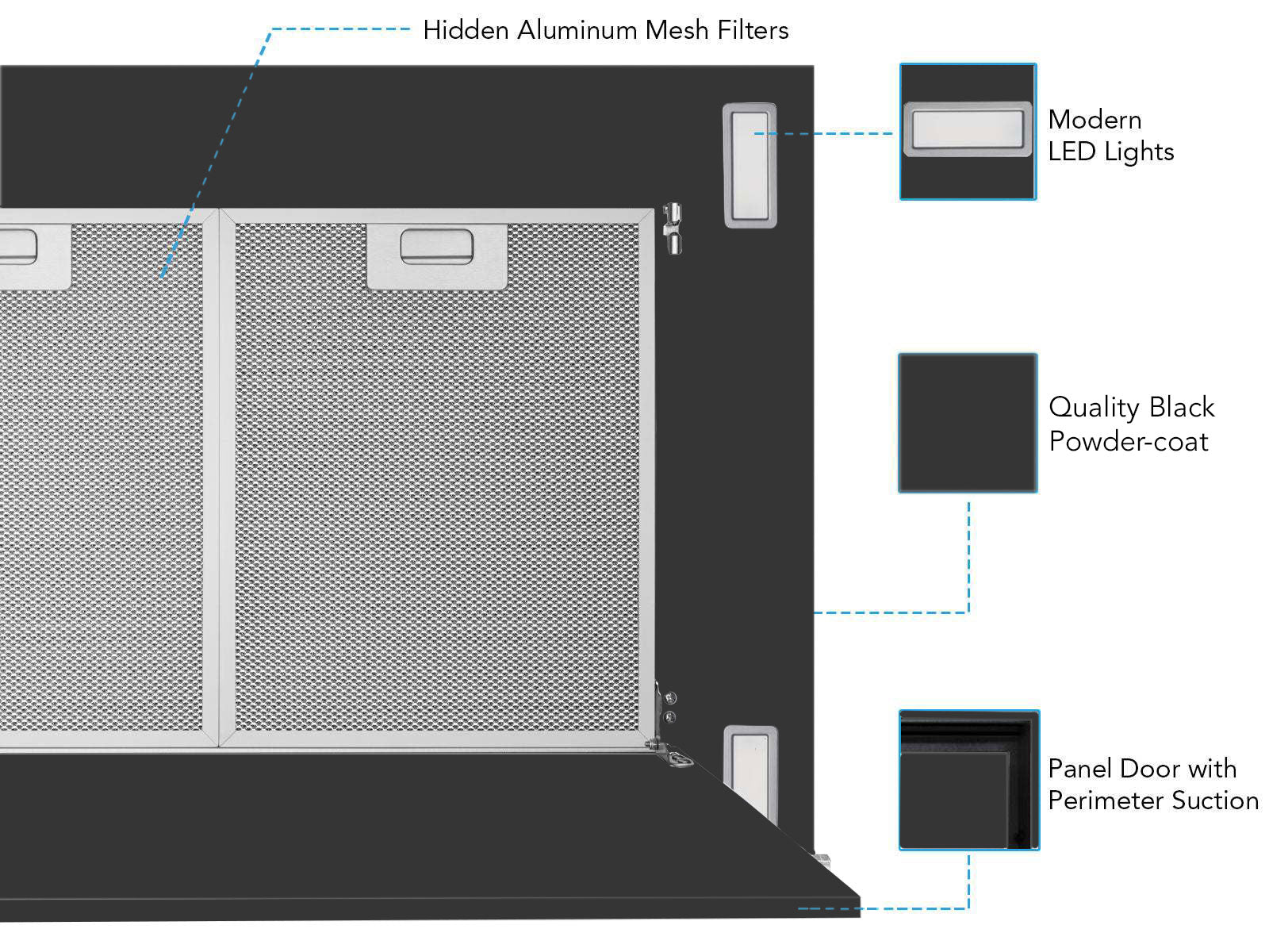 600 CFM Black Flush Ceiling Mount Range Hood - VICTORY Sunset 