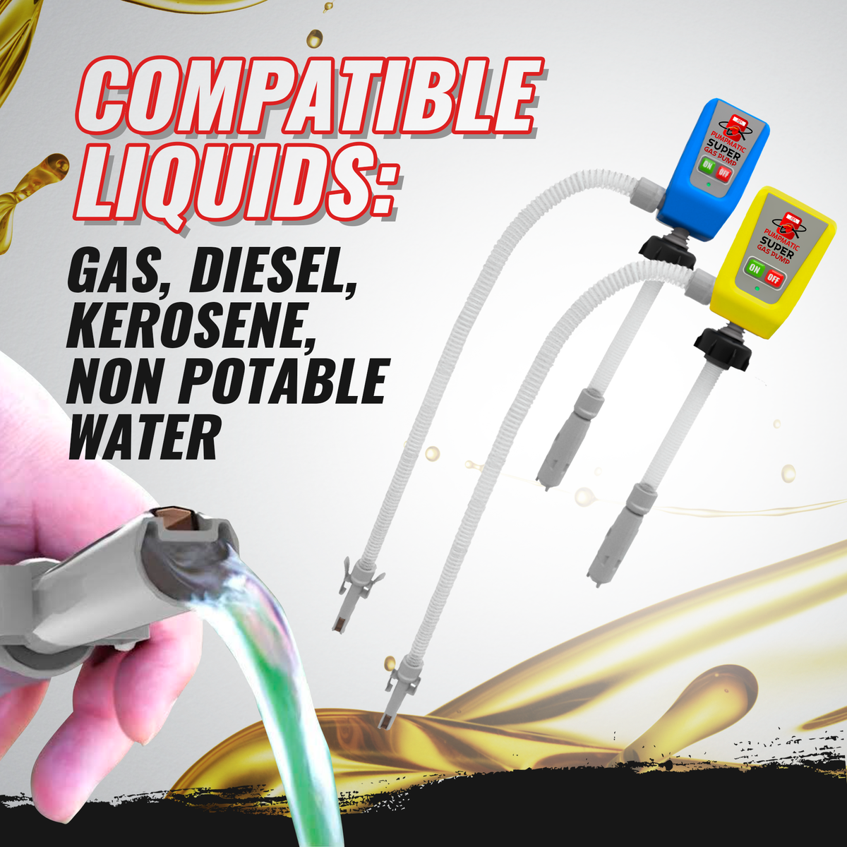 PumpMatic Super Gas Pump Fuel Transfer Pump for Gas, Diesel, Kerosene + 3 Power Sources w/ 4.25 Ft Hose