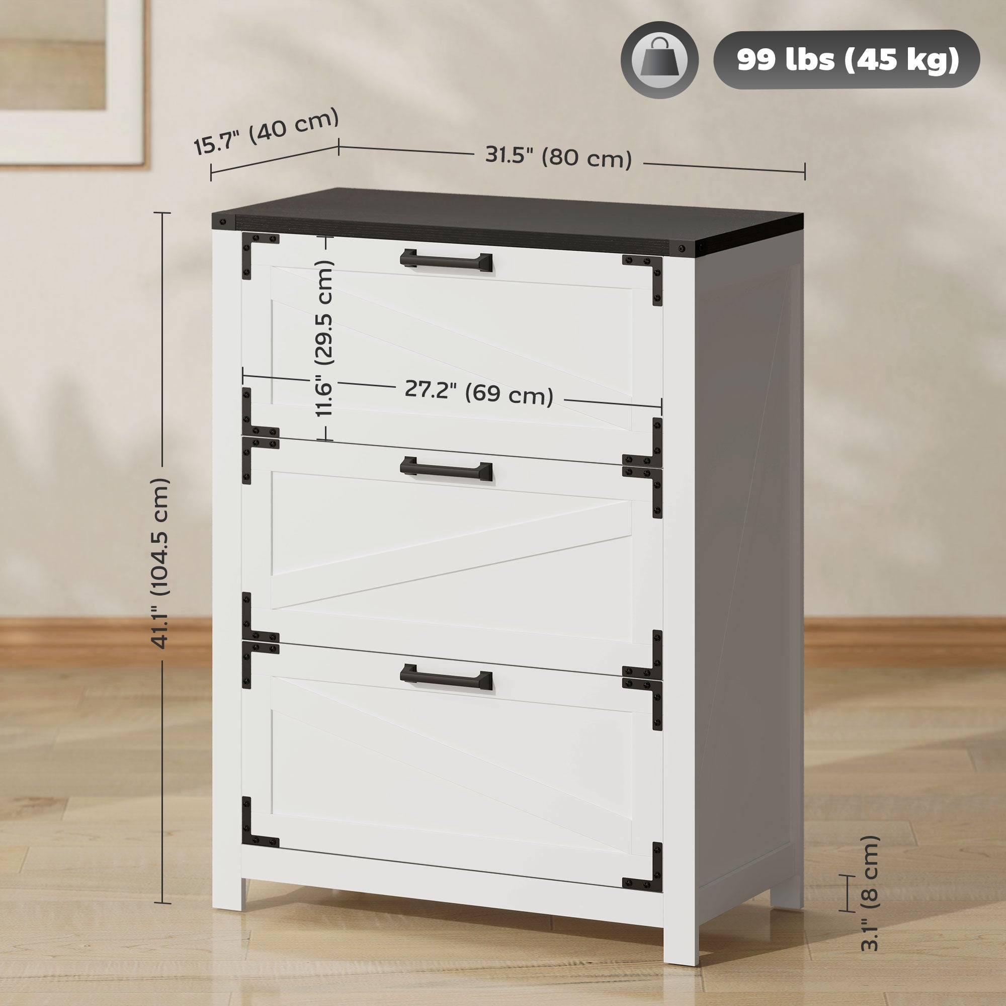 HOMCOM 3 Drawer Filing Cabinet, Farmhouse Office Storage Cabinet with Adjustable Hanging Bars for Letter, A4, Legal Size, White 