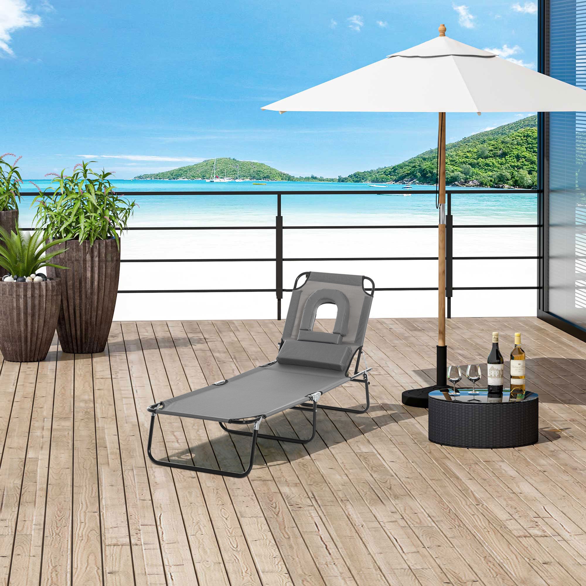Outsunny Garden Sun Lounger Adjustable with Reading Hole Outdoor Reclining Seat Folding Camping Beach Bed Grey 
