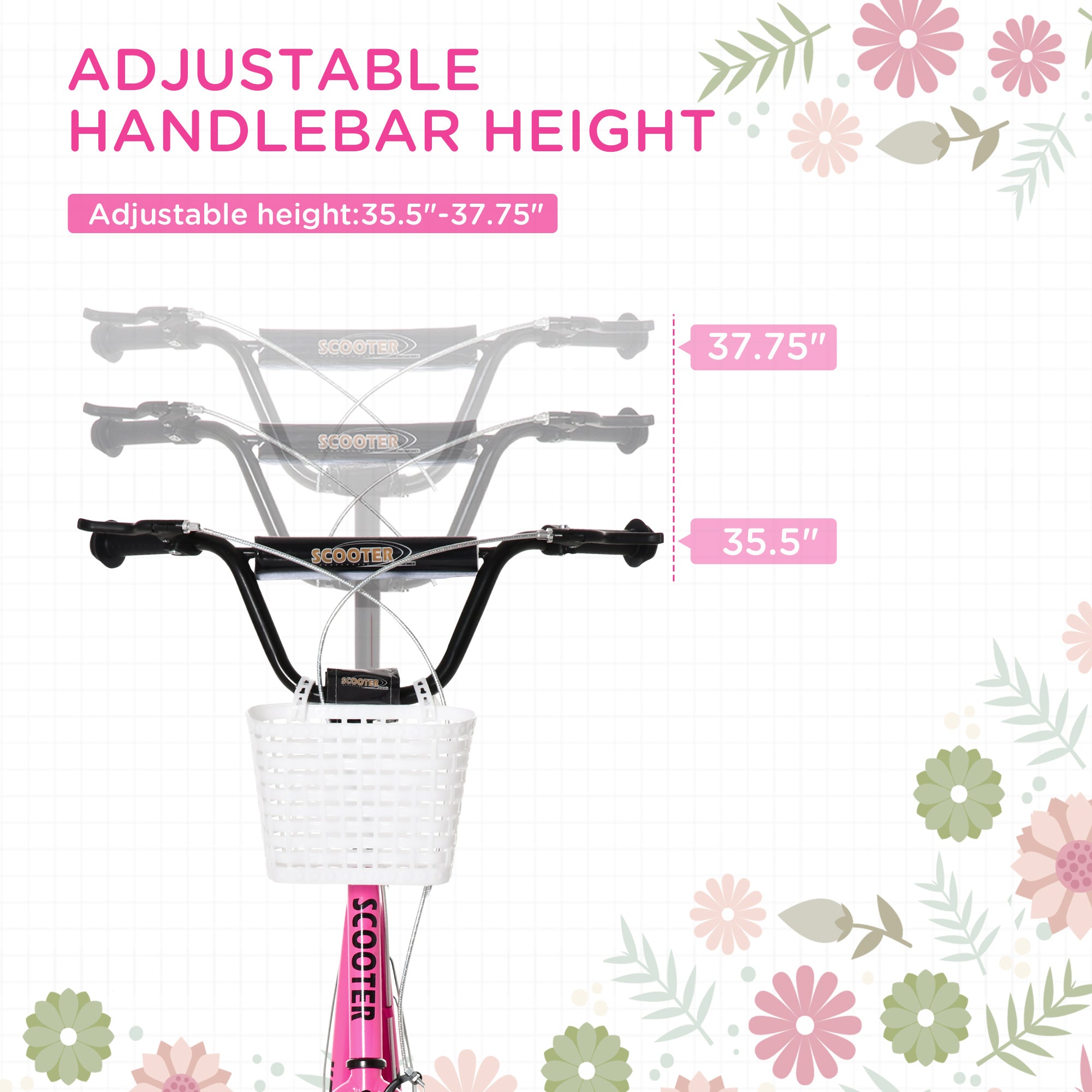 Aosom Kick Scooter for Kids Teens with Adjustable Handlebar Dual Brakes 16" Inflatable Rubber Tyres Outdoor Fun Pink 