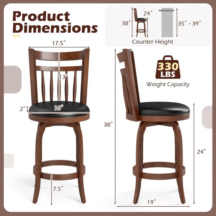 Swivel Bar Stools Set of 2 Counter Height Faux Leather Upholstered Barstools-24 Inches