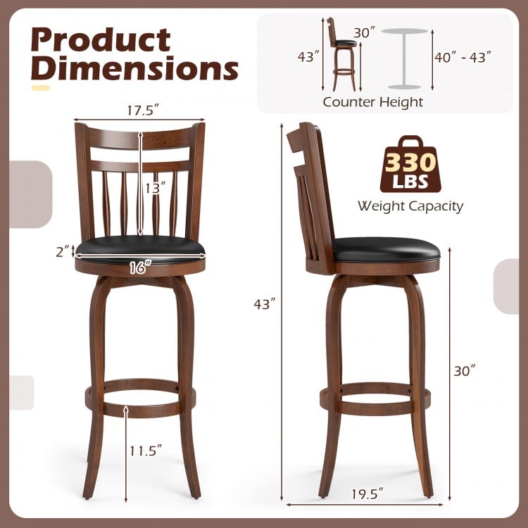 Swivel Bar Stools Set of 2 Counter Height Faux Leather Upholstered Barstools-26 Inhces