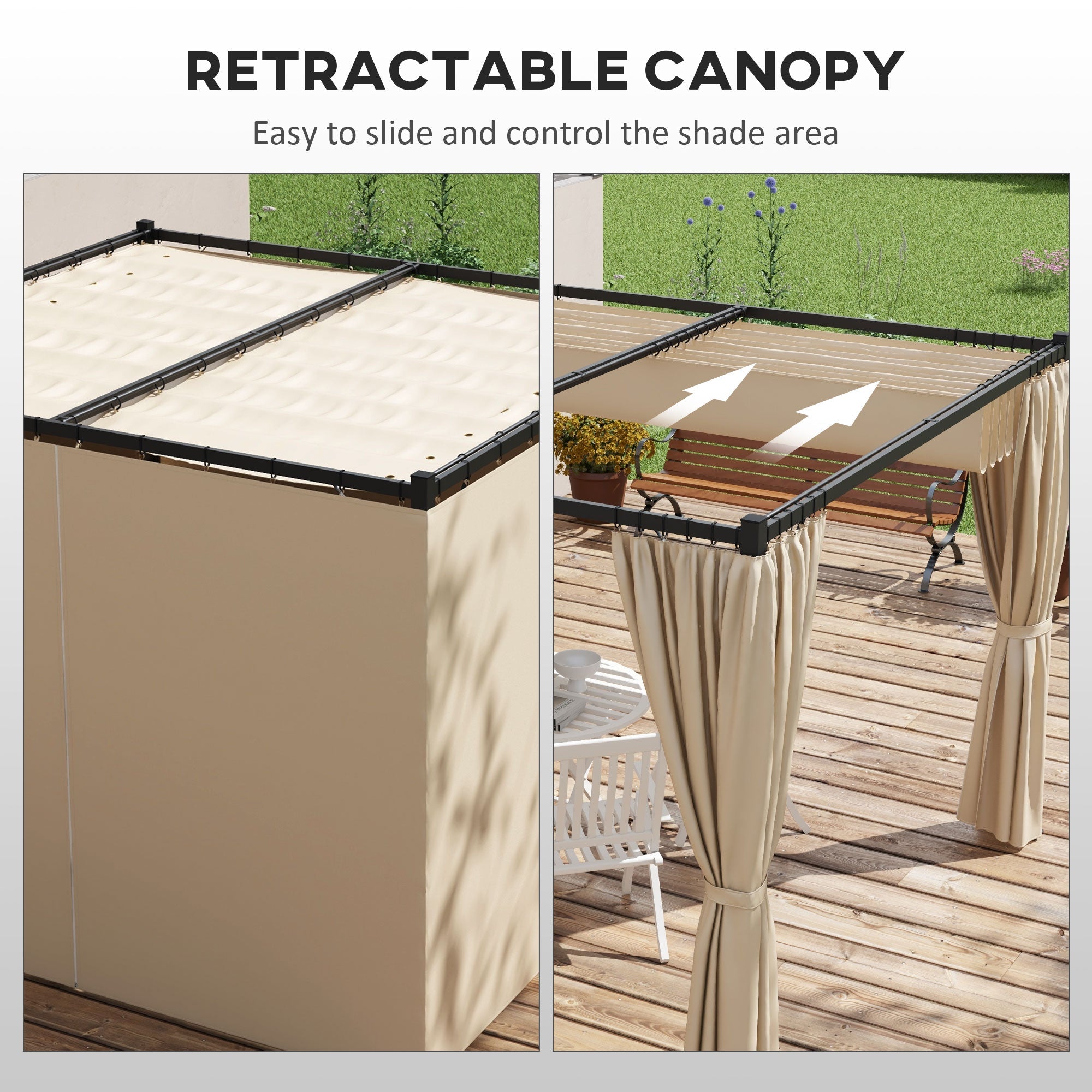 Outsunny 10' x 10' Retractable Pergola, Garden Gazebo Shelter with Curtains, for Grill, Patio, Deck, Beige 