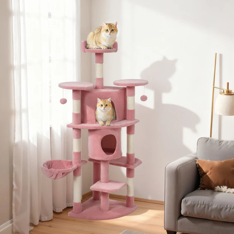 62" Cat Tree with Scratching Post, 2 Condos, Hammock, Perches, Plush, Pompoms, for Indoor Cats, Pink