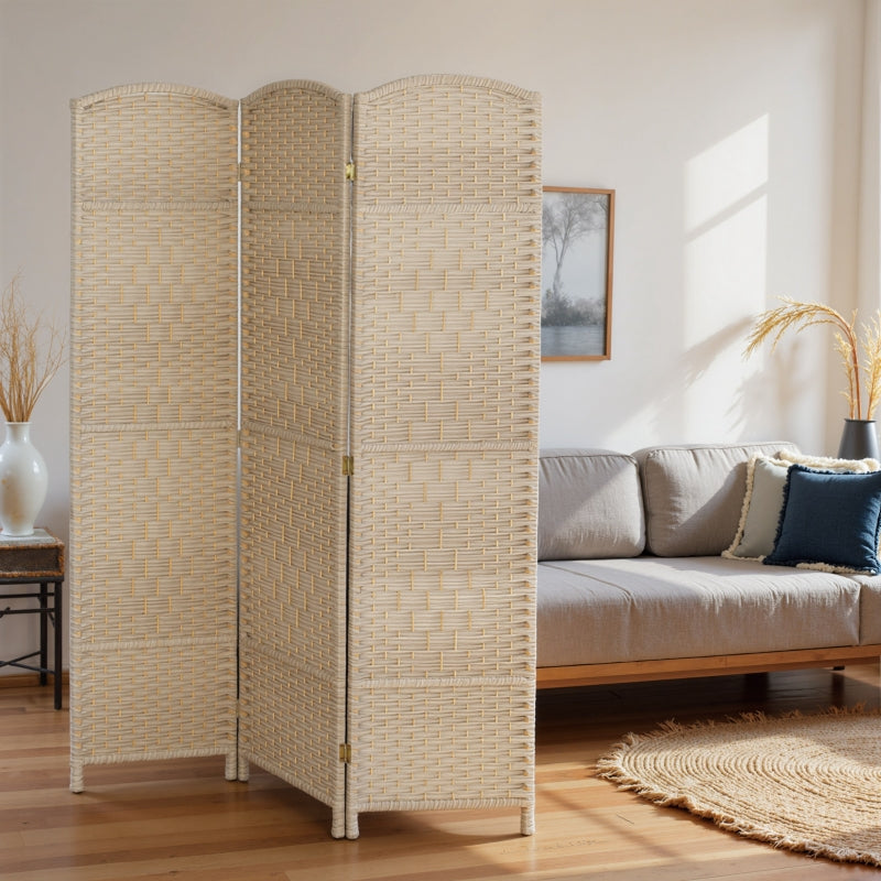 6 Ft Tall Folding Room Divider, 3 Panel Portable Privacy Screen, Hand-Woven Partition Wall Divider, Light Oak