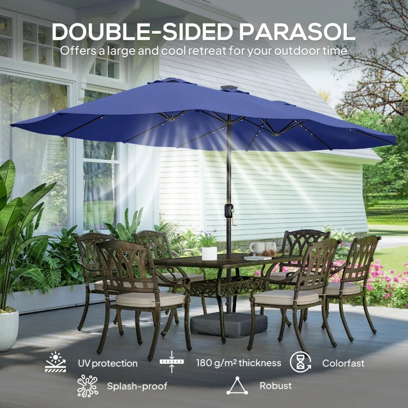 Double-sided Patio Umbrella with Base Included & 48 LED Lights 15ft Dark Blue