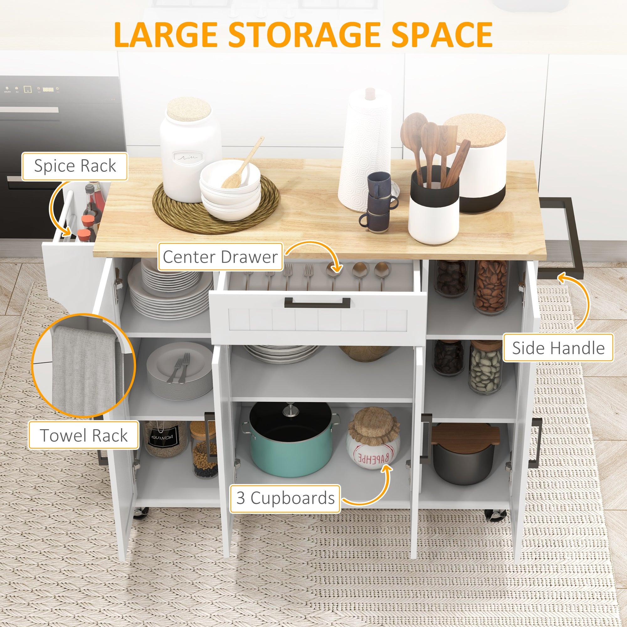 HOMCOM Modern Movable Meal Prep Station: Rolling Kitchen Island Cart, Drawers, Natural Wood Top, Towel Rack, Door Cabinet, White Finish 