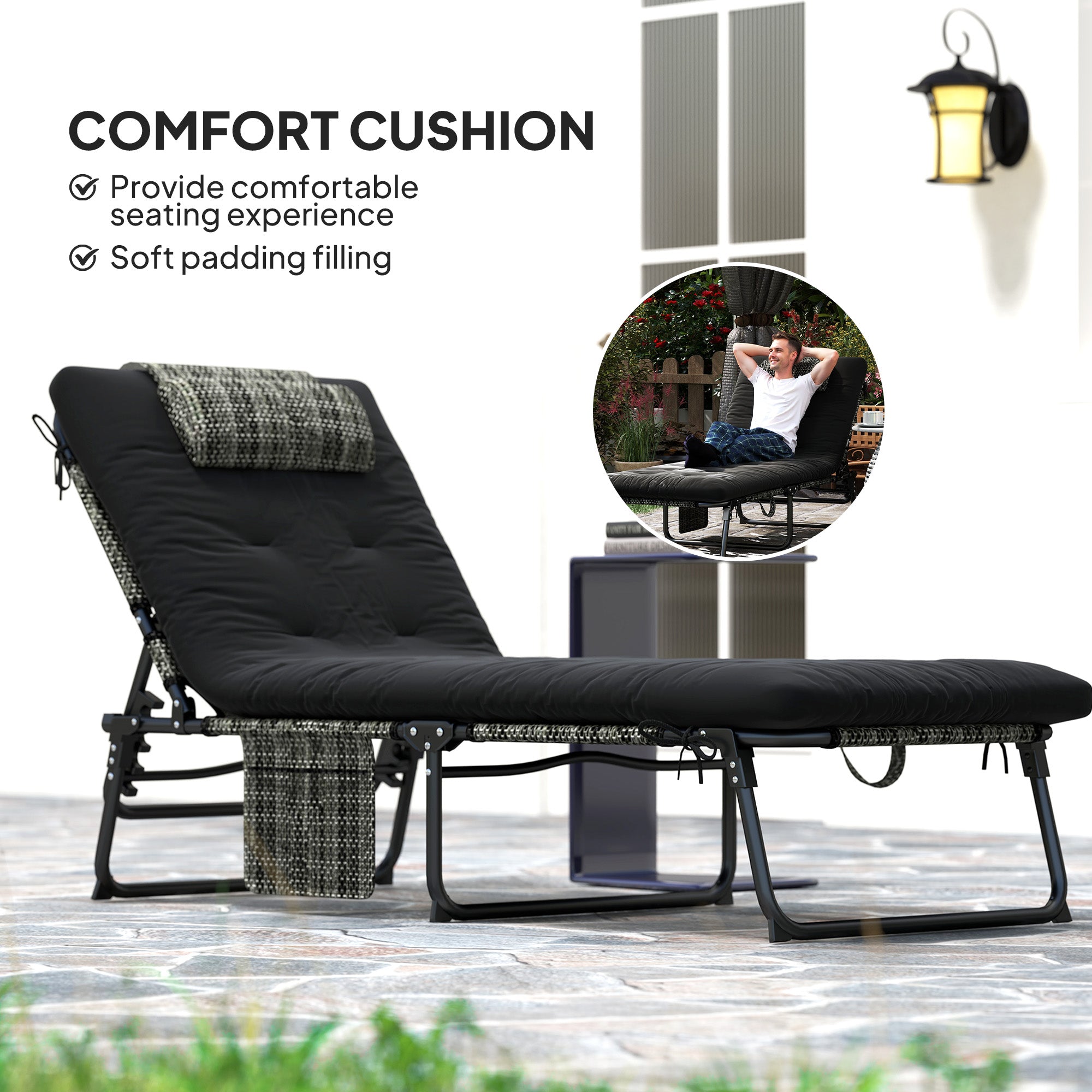 Outsunny Folding Lounge Chair with 4-level Reclining Back & Cushion, Black 