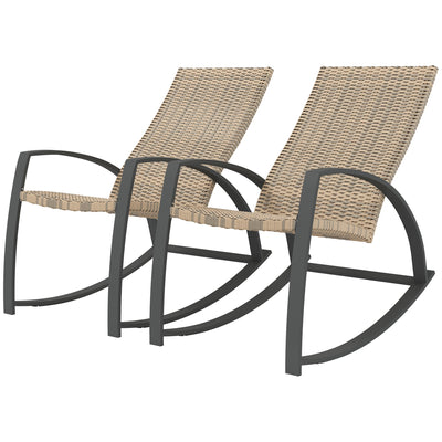 Outsunny 2 Pieces Wicker Patio Rocking Chair Set, Rattan Outdoor Rocking Chair Set with High Back, Armrests for Garden, Khaki 
