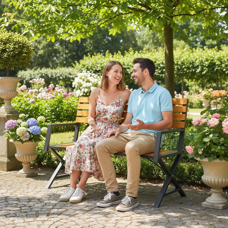 Outdoor Garden Bench, Patio Bench with Backrest and Armrests, 2-Person Garden Seating