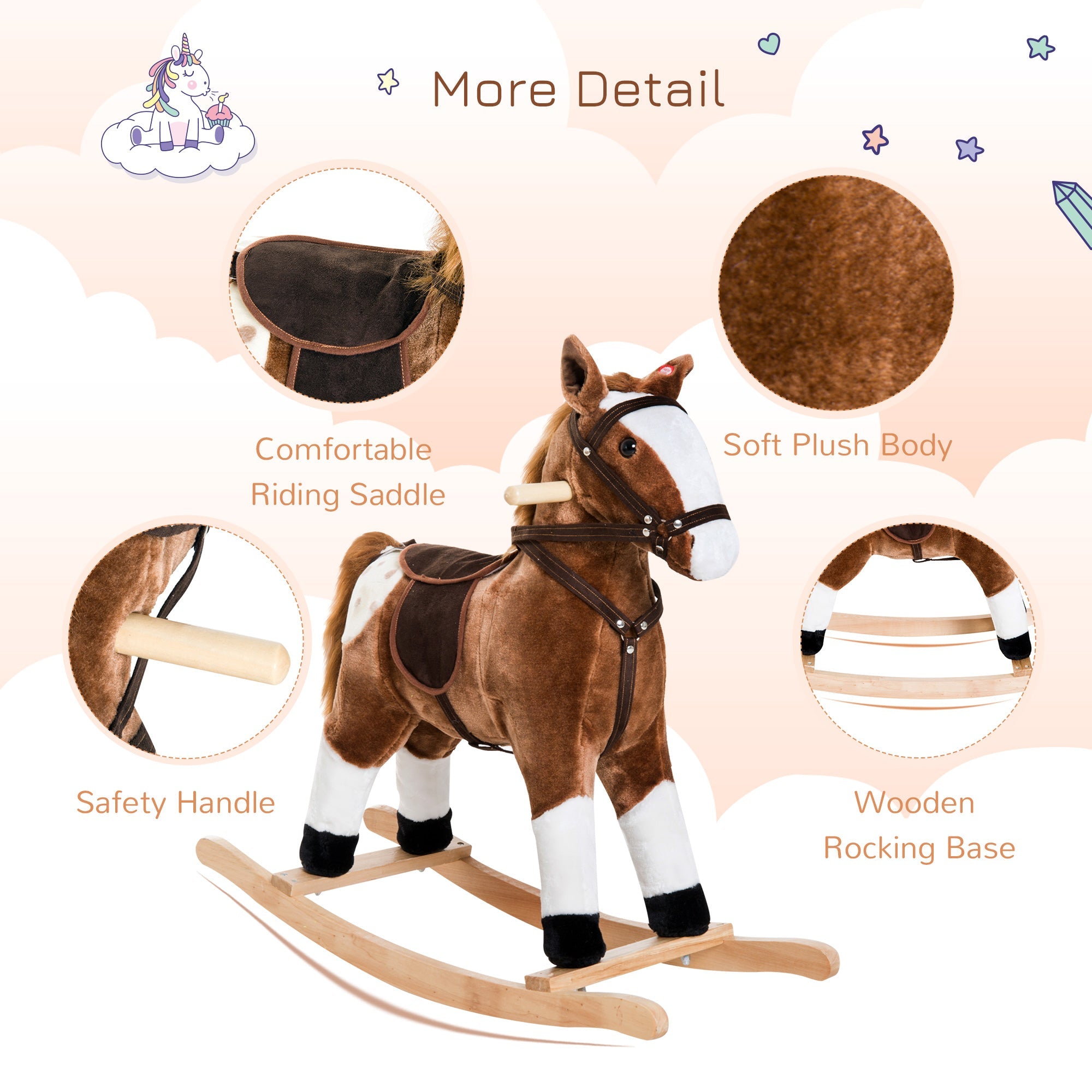 Qaba Kids Rocking Horse Plush Ride-On Toy Realistic Sounds Soft Brown Rocker Toddler Gift 