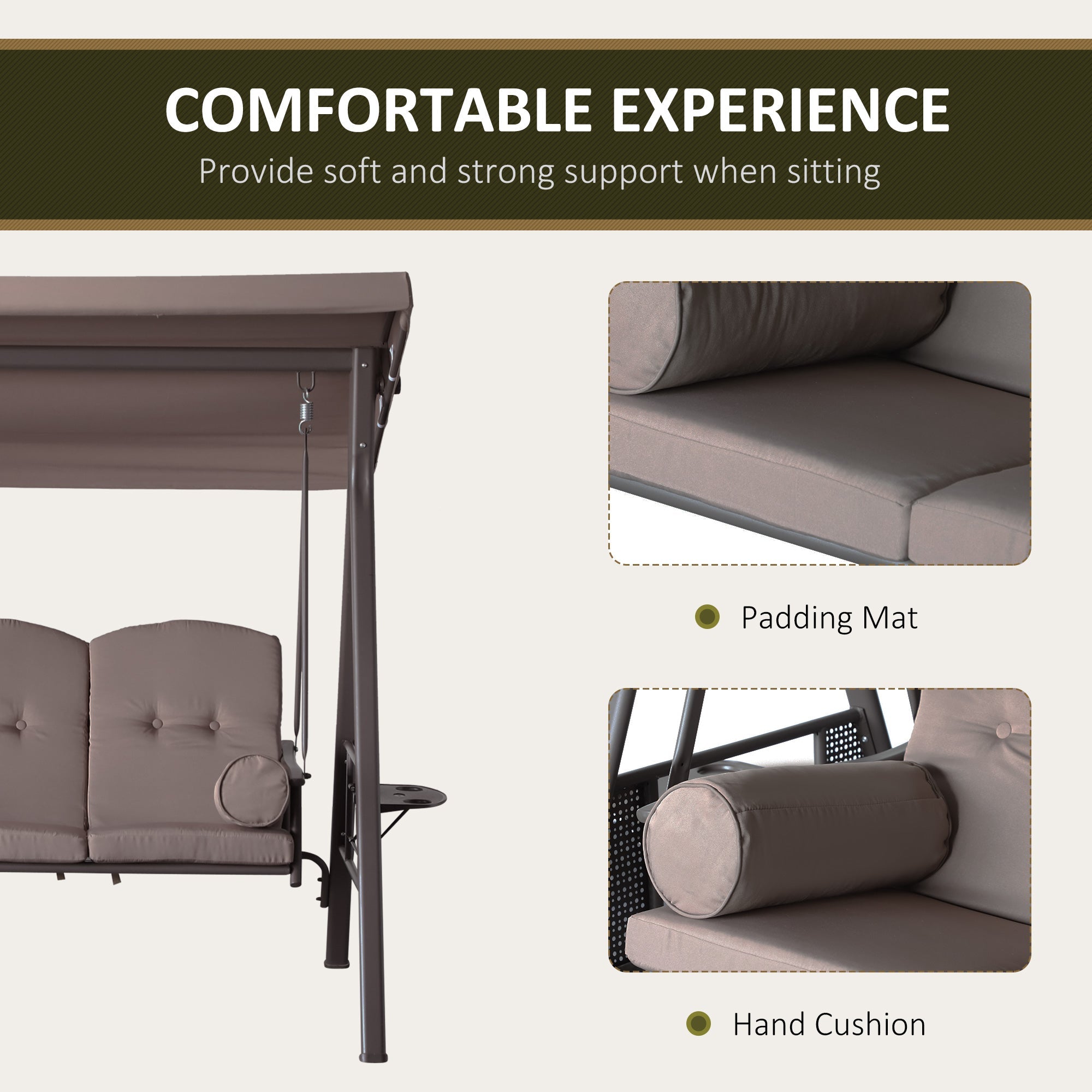 Outsunny 3-Person Porch Swing Chair Heavy Duty Outdoor Lounge Hammock with Cushioned Seat and Tilt Canopy Brown 