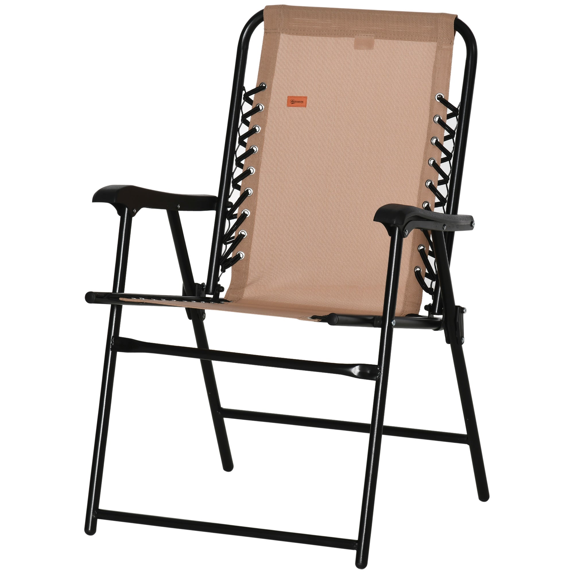 Outsunny Outdoor Folding Chair, Bungee Sling Foldable Chair with Armrests, Folding Lawn Chair for Camping, Garden, Pool, Beach, Backyard, Beige 