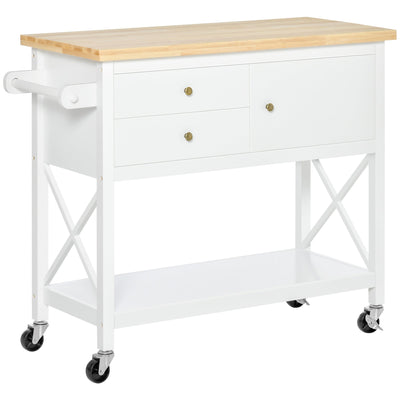 HOMCOM White Utility Kitchen Trolley: Rubberwood Top Island Cart with 2 Drawers, Towel Rack & Storage Solution 