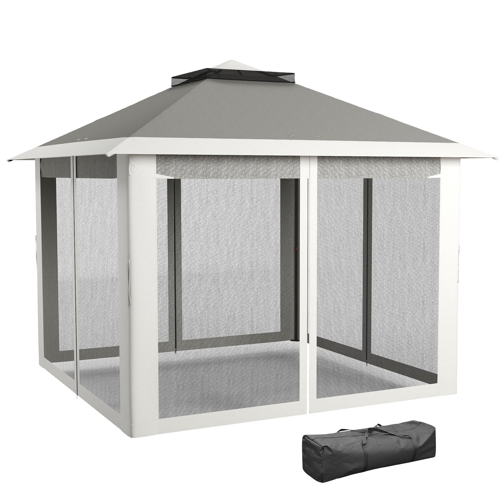 Outsunny 11' x 11' Pop Up Gazebo, Double Roof Foldable Height Adjustable Canopy Tent with Mesh Sidewalls, Carrying Bag, Dark Grey 
