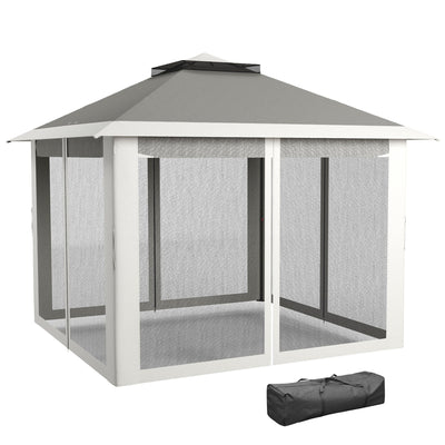 Outsunny 11' x 11' Pop Up Gazebo, Double Roof Foldable Height Adjustable Canopy Tent with Mesh Sidewalls, Carrying Bag, Dark Grey 