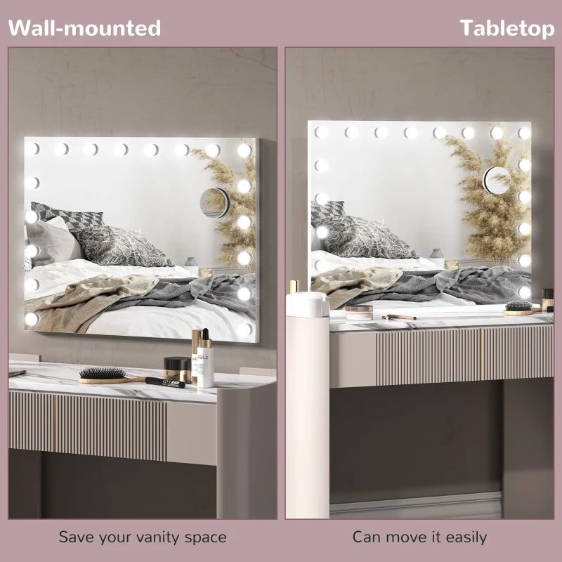 Hollywood Vanity Mirror with Lights, 31.5" x 24.4" Lighted Makeup Mirror with 3 Colour, 10X Magnifying, USB Port, White