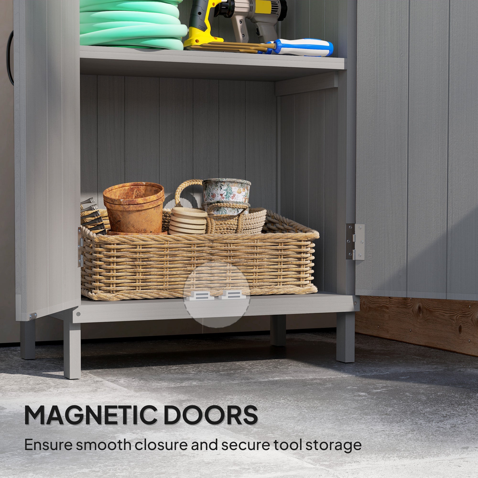 Outsunny Outdoor Storage Cabinet, Wooden Garden Storage Shed with 2-Tier Shelves, Metal Tabletop and Magnetic Doors, Grey 
