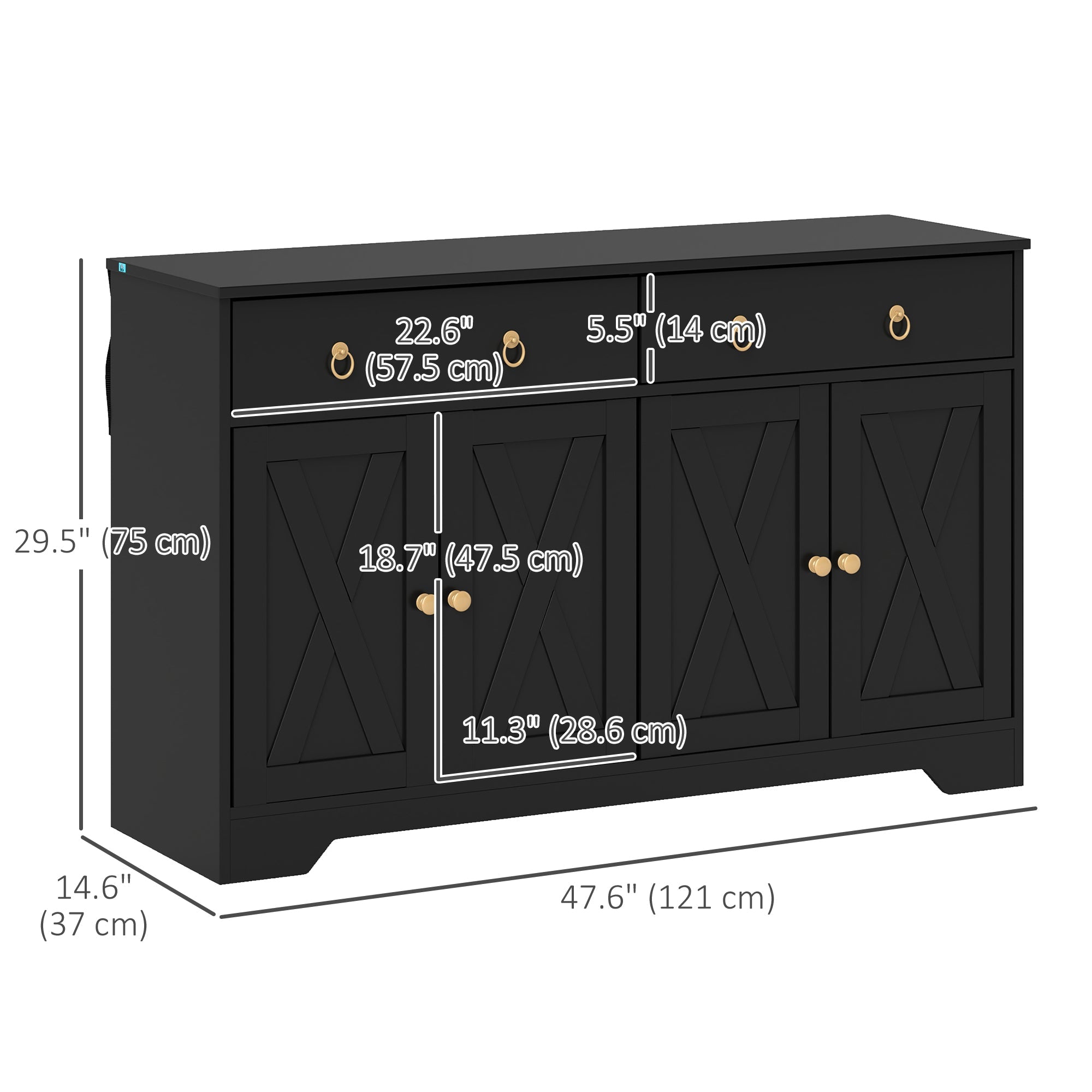 HOMCOM Sideboard Cabinet with 2 Drawers, 4 Barn Doors and 2 Adjustable Shelves, Buffet Table for Living Room, Black 