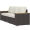 Outsunny 3-Seat Outdoor Couch with Cushions, PE Rattan Patio Couch with Wood Grain Armrests, Outdoor Sofa for Porch, Sunroom, Garden, Poolside, Cream White