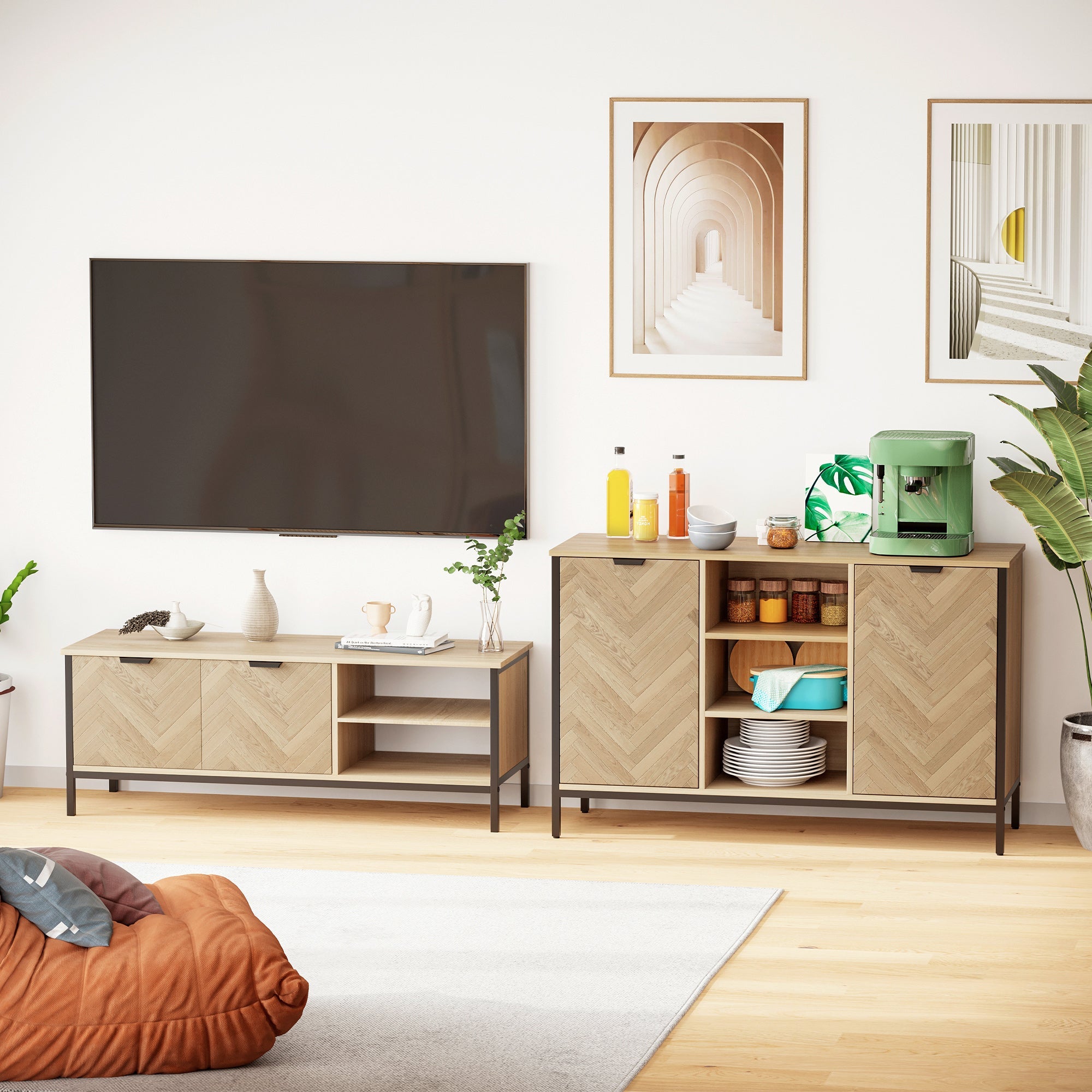 HOMCOM Oak Tone Buffet Storage Cabinet: Sideboard Bar Cabinet with 2 Doors and Adjustable Shelves for Dining Room, Kitchen 