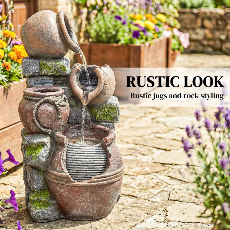 Outdoor Fountain with 4-Tier Rustic Pot Design, Cascading Rock Waterfall with LED Lights and Adjustable Flow