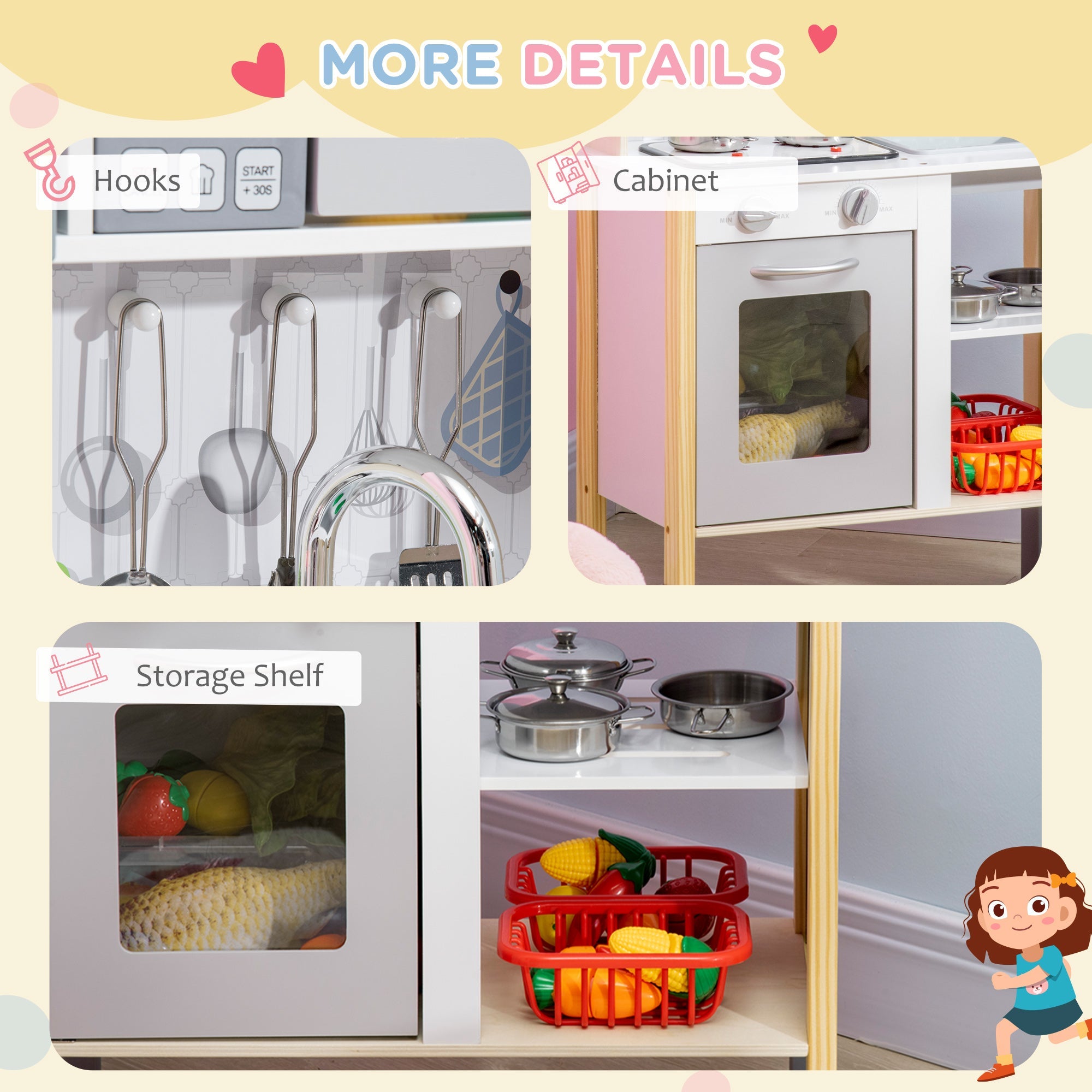 Qaba Interactive Wooden Kitchen Set for Kids - Realistic Lights, Sounds, Adjustable Height, Complete with Microwave and Hood 