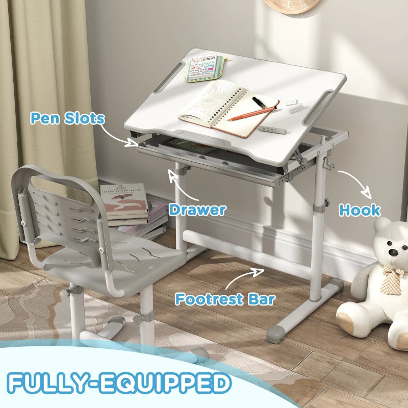 Qaba Height Adjustable Study Table and Chair Set with Drawer, Pen Slot, Tiltable Desktop, Hook, Grey