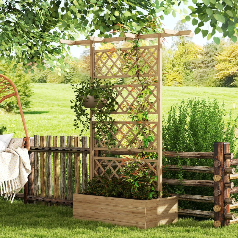 Wooden Planter with Trellis Privacy Screen, Raised Garden Bed to Grow Vegetables, Herbs and Flowers, Natural