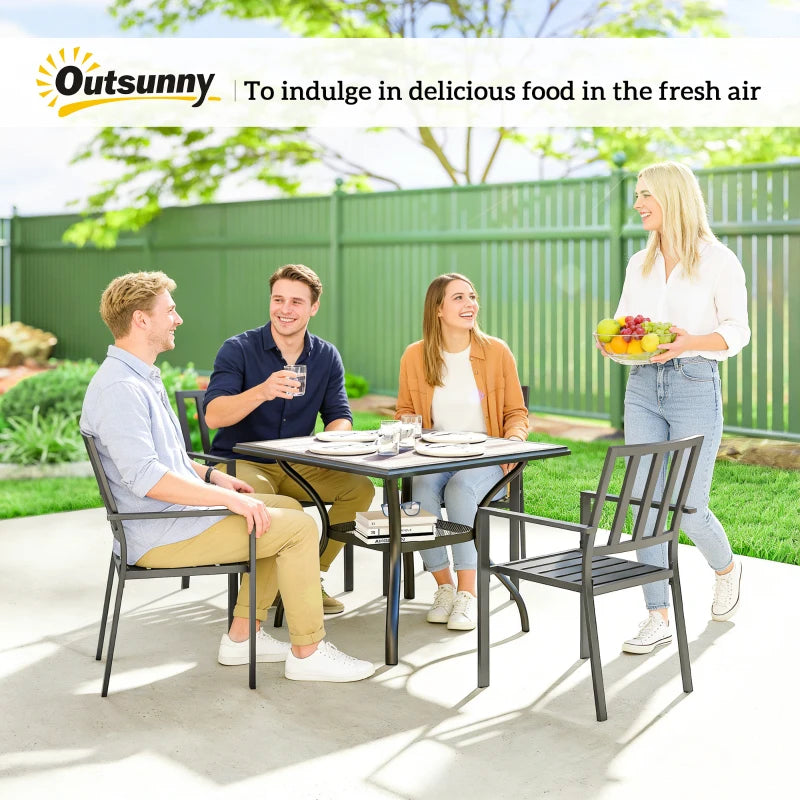 Outdoor Dining Table for 4, Square Patio Table with Umbrella Hole, Shelf, Faux Wood Top for Garden, Backyard, Grey
