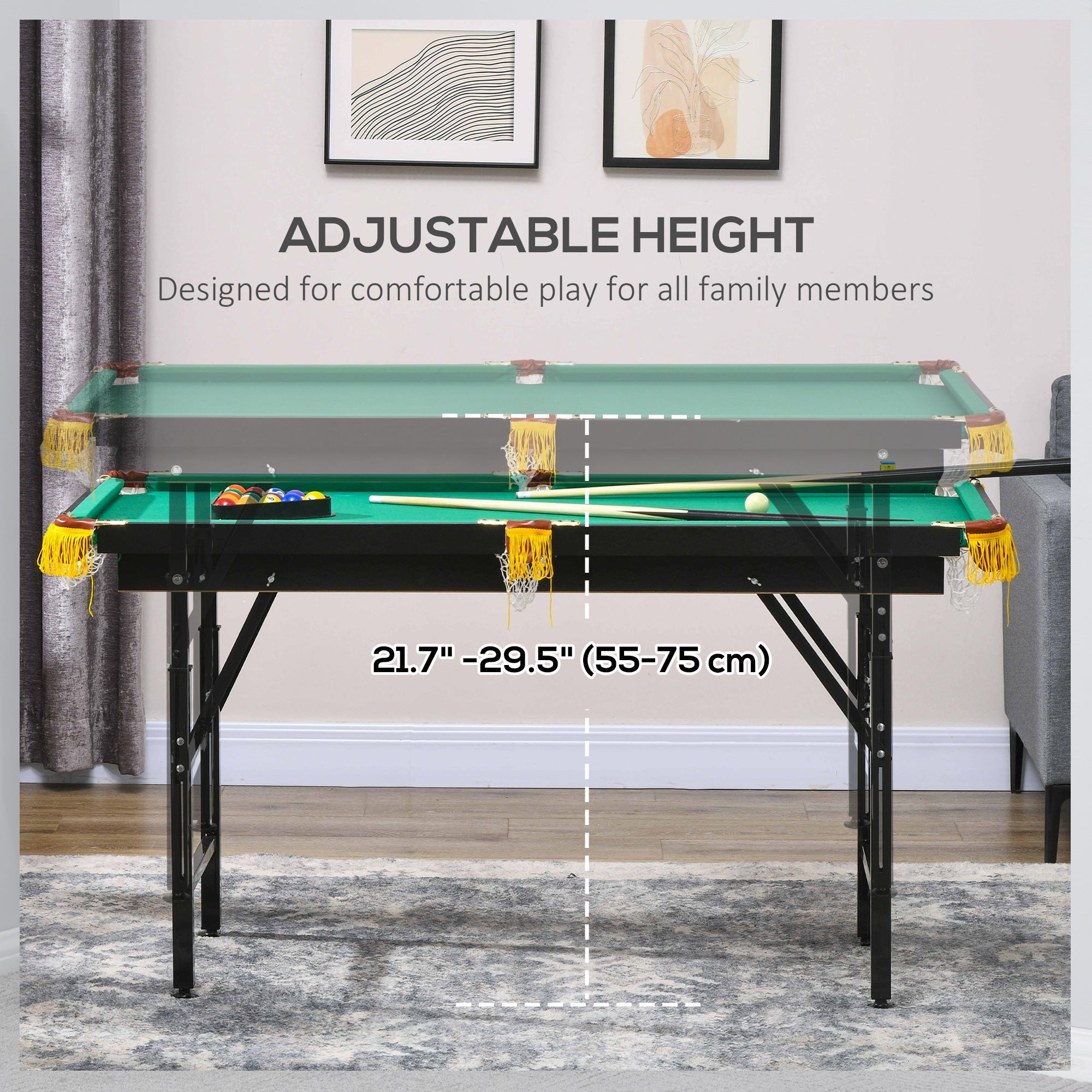 Soozier 55" Pool Table Set Folding Billiard Table with Adjustable Height, 2 Cues, 16 Balls, 2 Chalks, Triangle, Brush, Green 