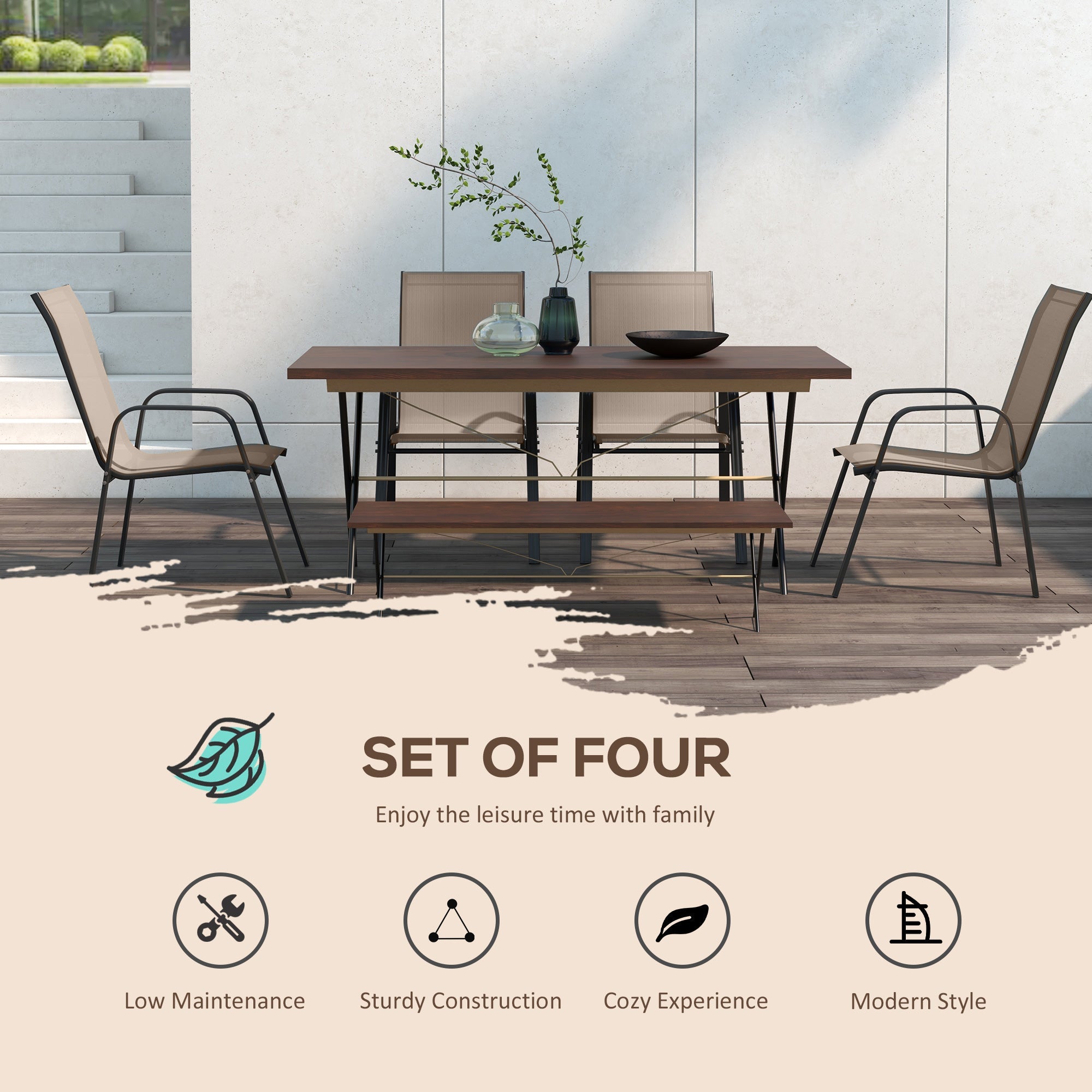 Outsunny Set of 4 Outdoor Dining Chairs, Heavy Duty Stackable Patio Dining Set with Armrests for Balcony Garden, Grey 