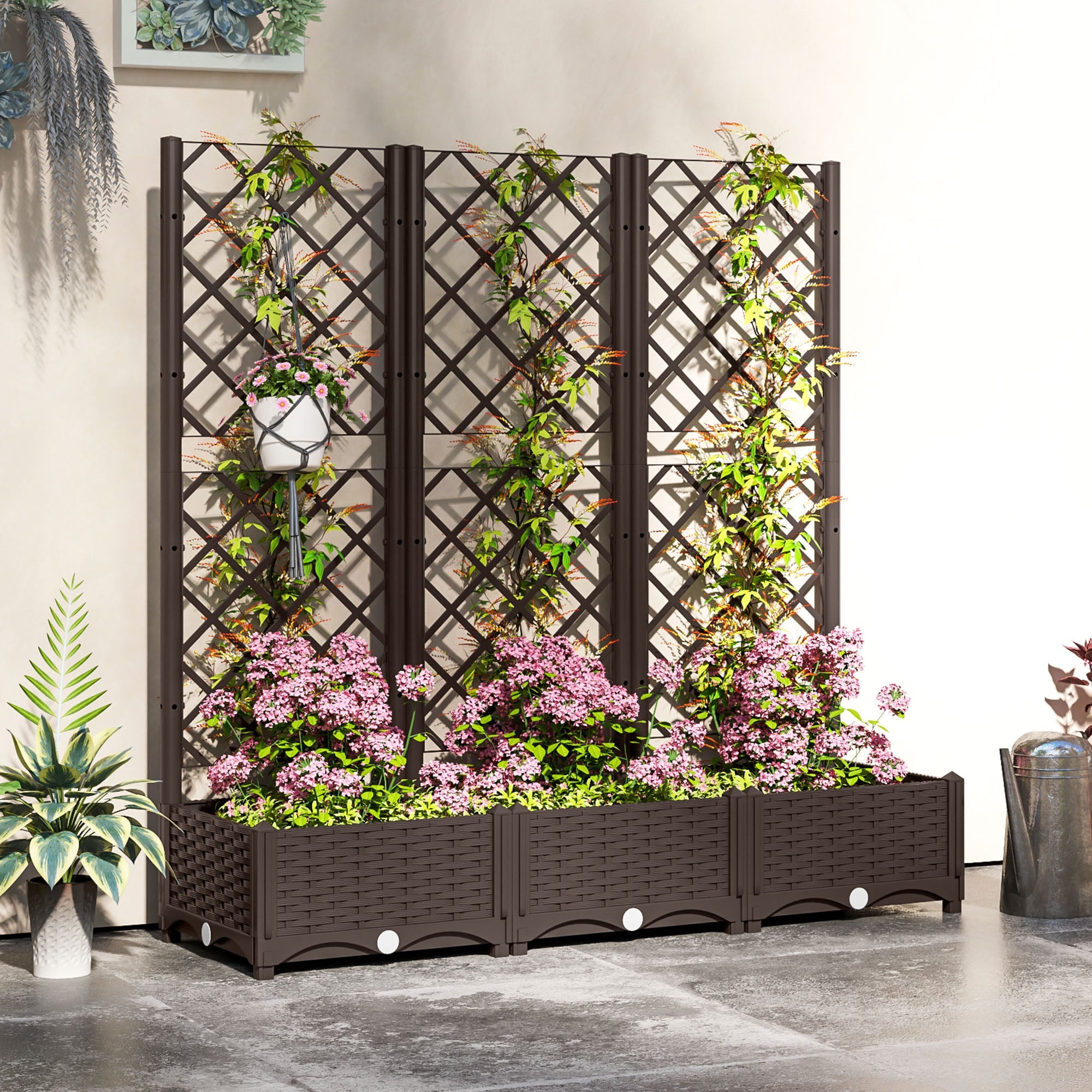 Outsunny Raised Garden Bed with Trellis, Plastic Raised Flower Bed with Drainage Holes and Drain Plugs, 47" x 16" x 48" 