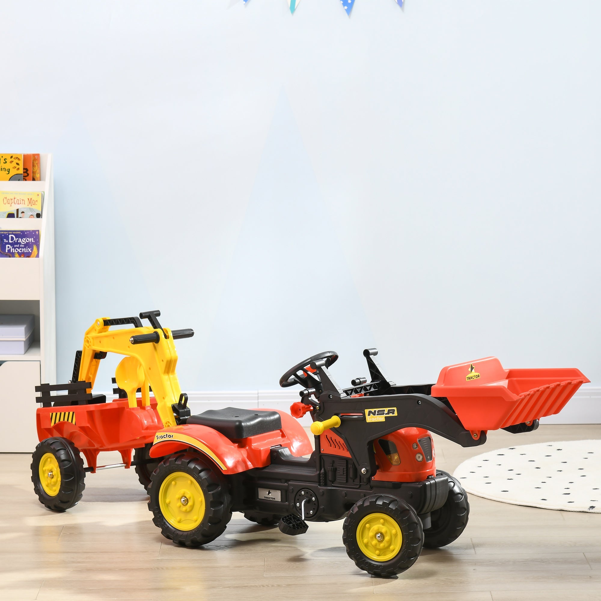Aosom 3 in1 Kids Ride On Bulldozer/Excavator Toy with 6 Wheels, Controllable Cargo Trailer & Easy Pedal Controls 