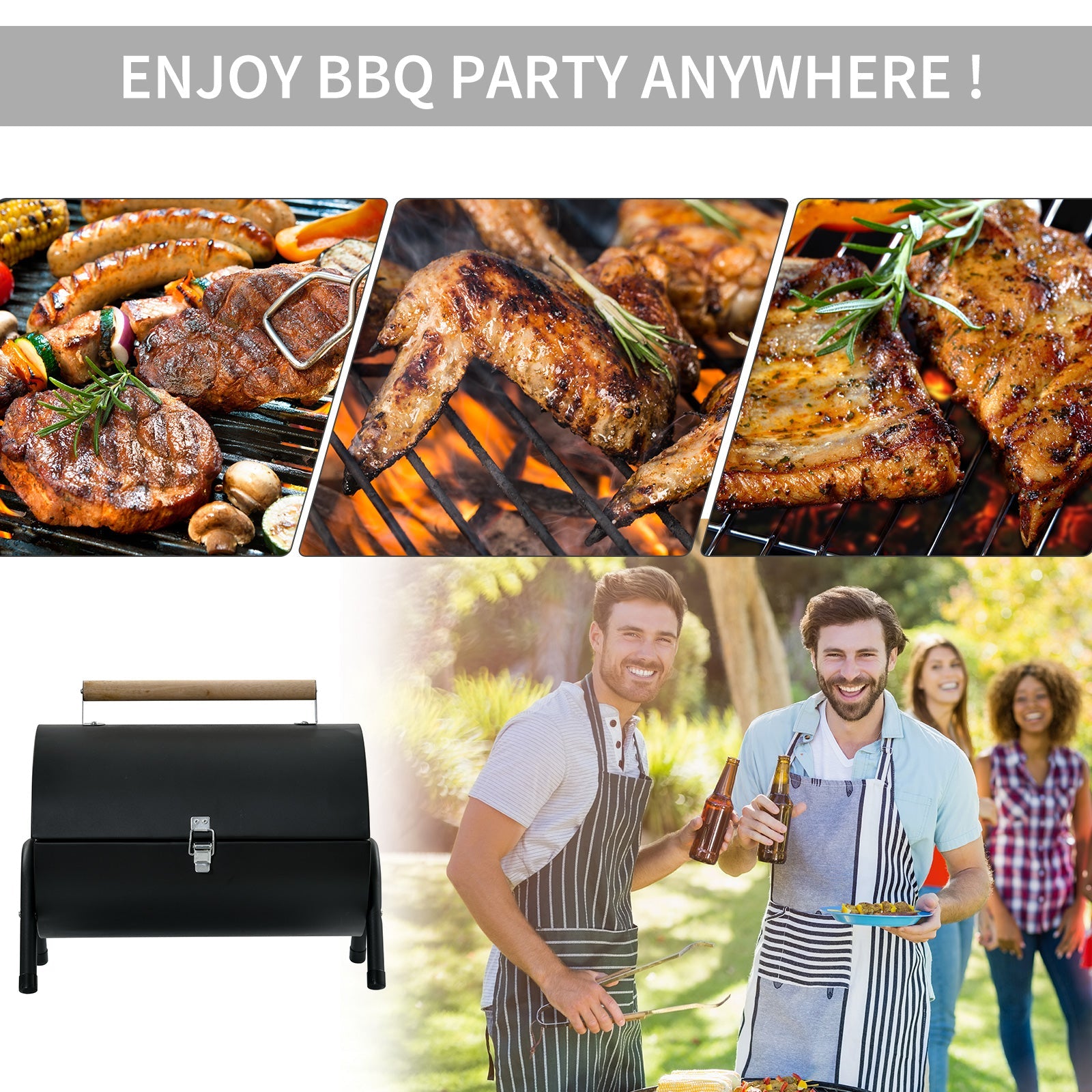 Outsunny Portable Tabletop Charcoal Grill Foldable Outdoor BBQ Smoker Heat Control Camping Picnic Black 