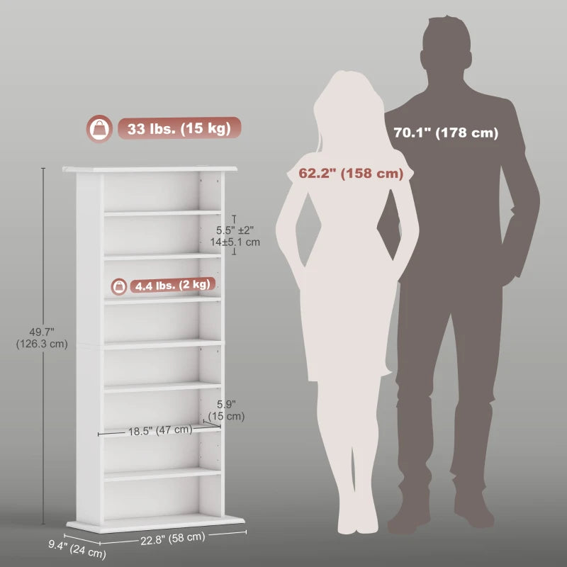 8-Tier DVD Shelf with 6 Adjustable Shelves, Slim CD Shelf, Holds 360 CDs, 185 DVDs or 185 Blu-rays, White