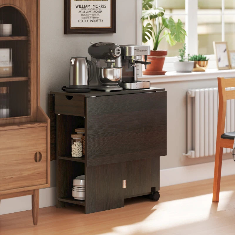 Folding Dining Table, Space Saving Drop Leaf Table with Drawer and Storage Shelves for Kitchen, Dining Room, Dark Brown