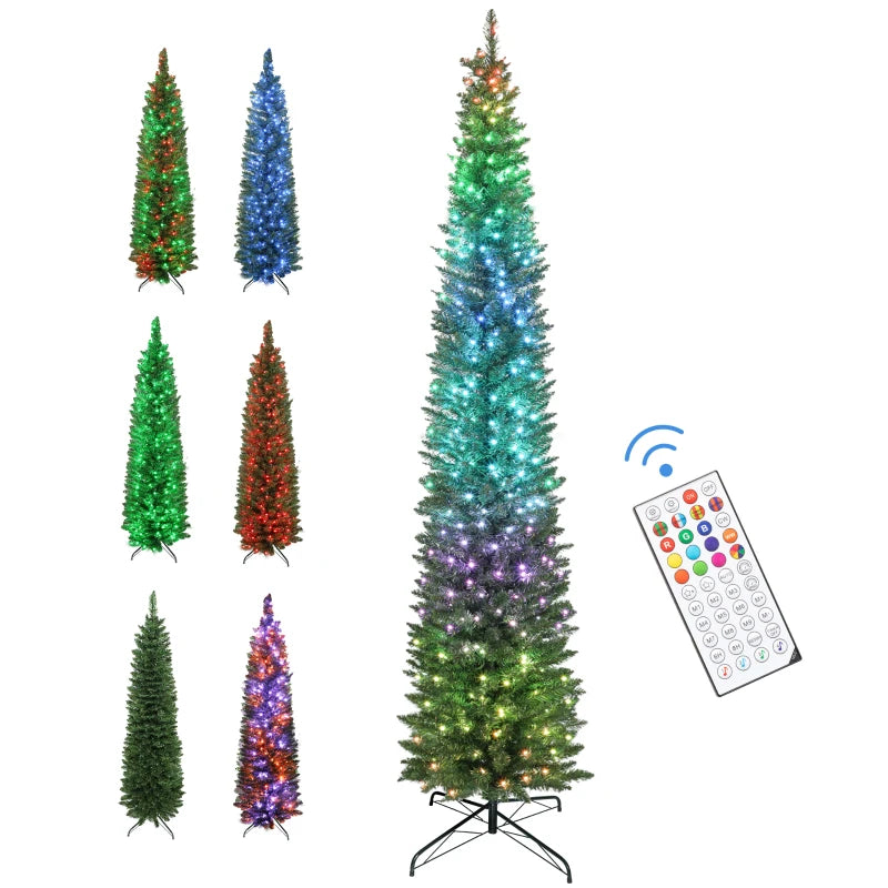 9ft Christmas Tree with Colourful DIY Synchronized LEDs, Hinged Pencil Xmas Tree with Remote, Daily Timer, Green