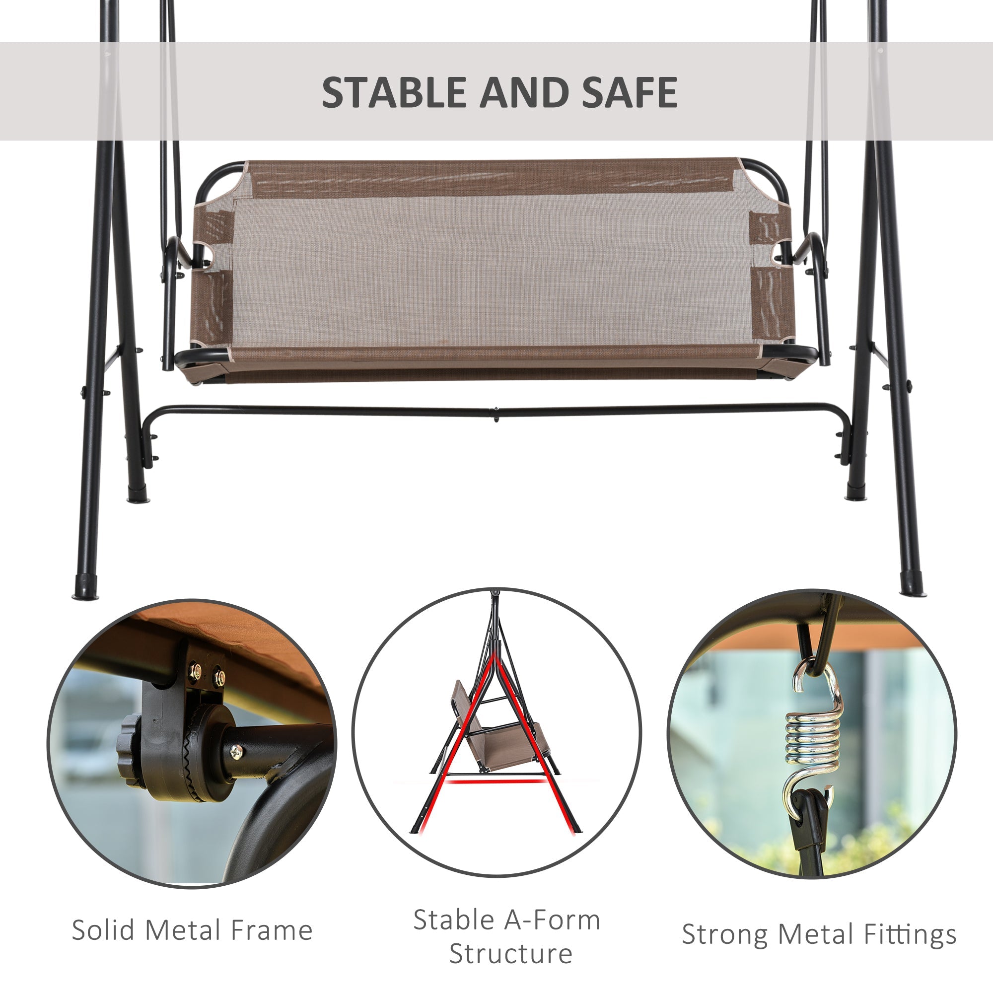 Outsunny 2 Person Porch Swing Chair Patio Bench Adjustable Canopy Breathable Seat Garden Poolside Brown 