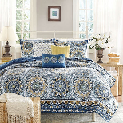 Queen size 6-Piece Coverlet Quilt Set in Blue Floral Pattern - Free Shipping 