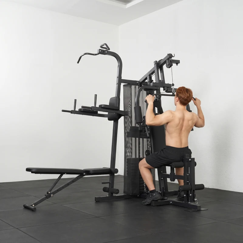 All-in-One Multi-Station Home Gym Workout Machine with Weight Stack, Pulley System & Adjustable Bench – Black